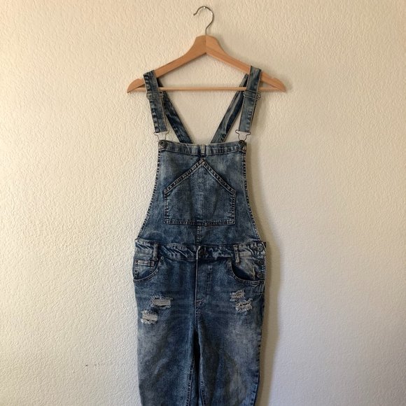 Distressed Highway Jeans Denim Overalls Stretch Straight Leg - Size 7 - Picture 1 of 3